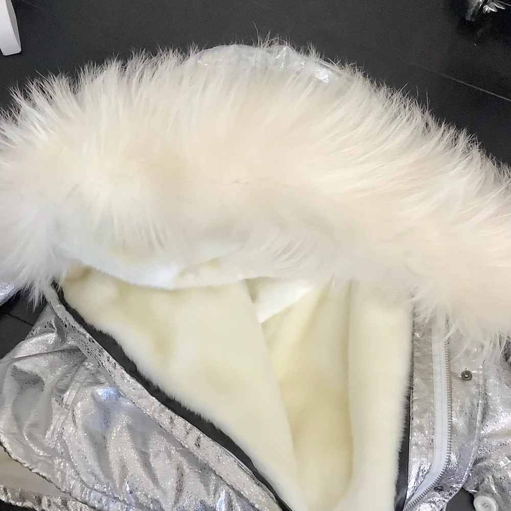 Silver Faux Fur Hooded Jacket, Size M - Picture 11 of 13